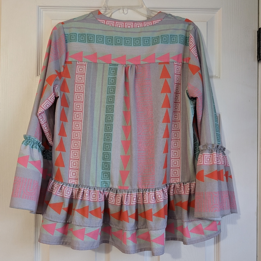 Colorful Geometric Patterned Peplum Blouse Size M - Picture 6 of 8